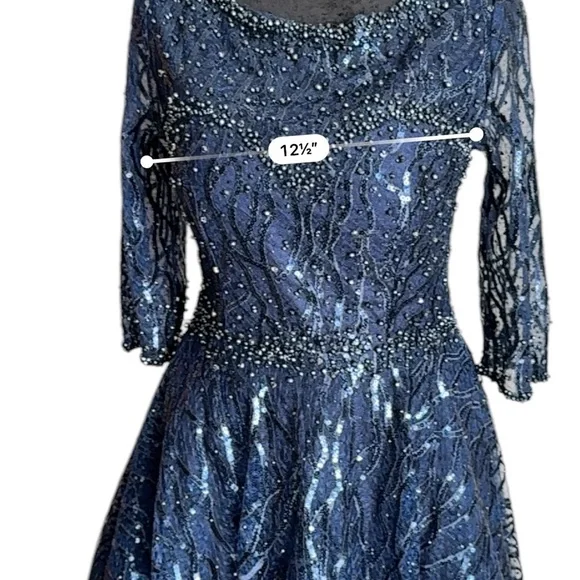 MAC DUGGAL HIGH NECK ABOVE ELBOW SLEEVE EMBELLISHED ALINE NAVY MIDI DRESS 4 - Picture 11 of 14